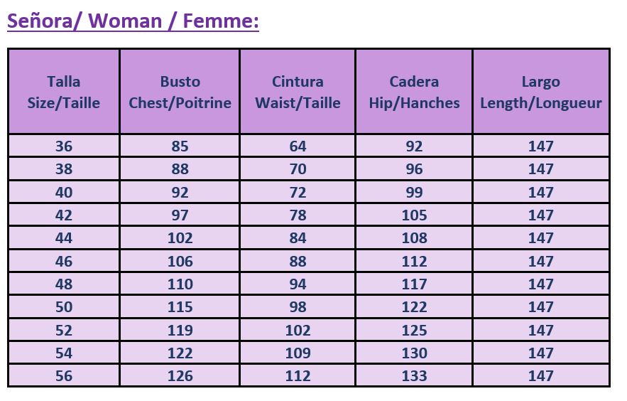 tabla medidas flamenca